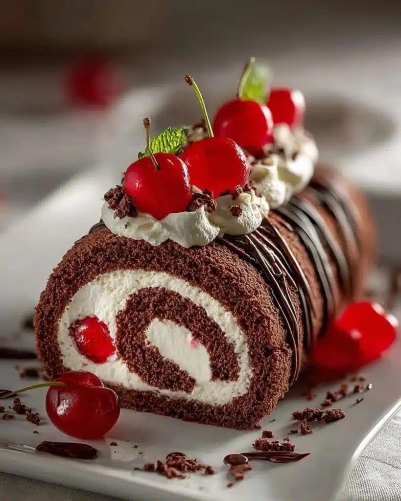 Black Forest Swiss Roll with chocolate and cherries on a plate