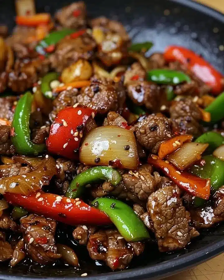 Delicious black pepper beef stir-fry with vibrant vegetables