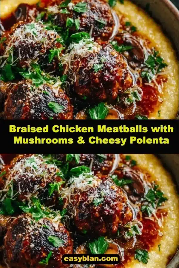 Braised chicken meatballs with mushrooms and cheesy polenta in a bowl