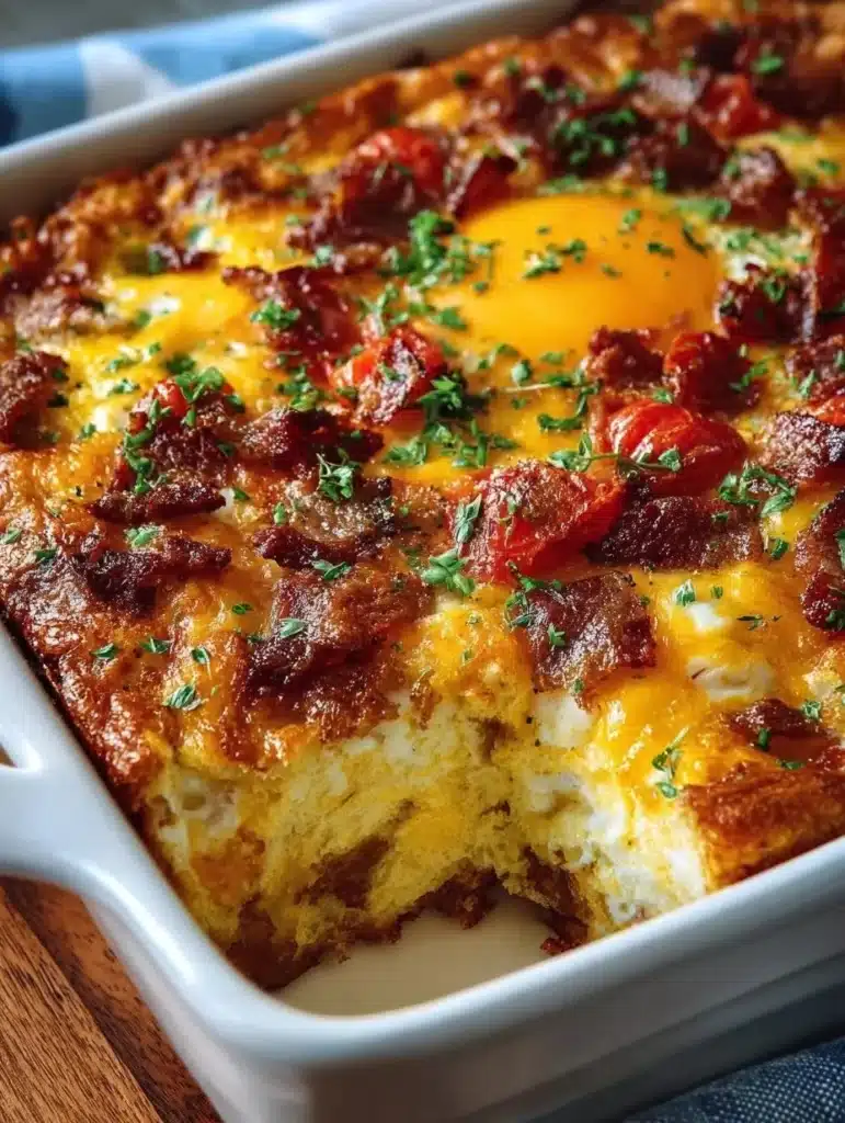 Delicious breakfast casserole dish ready to serve for a hearty meal.