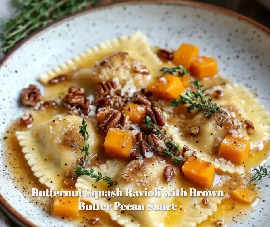 Butternut squash ravioli topped with brown butter pecan sauce