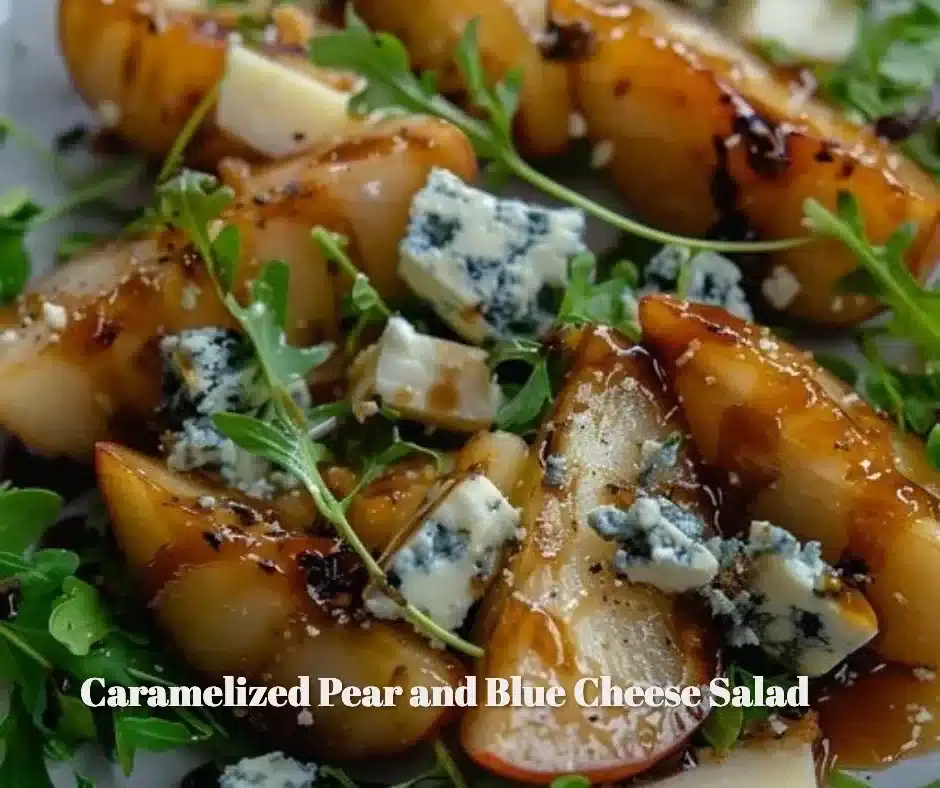 Caramelized pear and blue cheese salad in a bowl