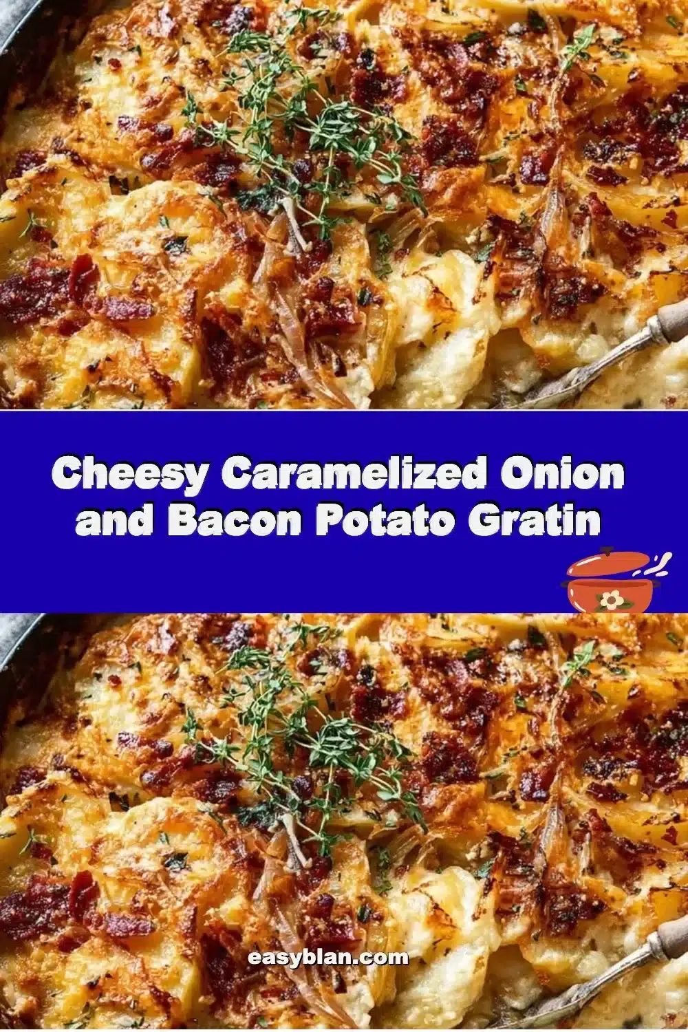 Cheesy Caramelized Onion and Bacon Potato Gratin 1 Delicious cheesy caramelized onion and bacon potato gratin dish