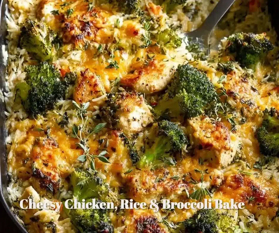 Cheesy Chicken Bake with rice and broccoli in a casserole dish