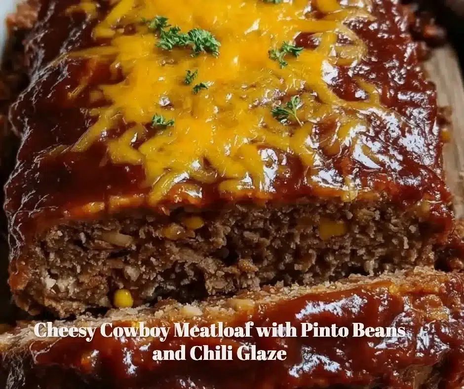 Cheesy Cowboy Meatloaf topped with chili glaze and served with pinto beans.