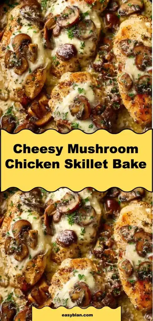 Cheesy Mushroom Chicken Skillet Bake garnished with fresh herbs in a skillet