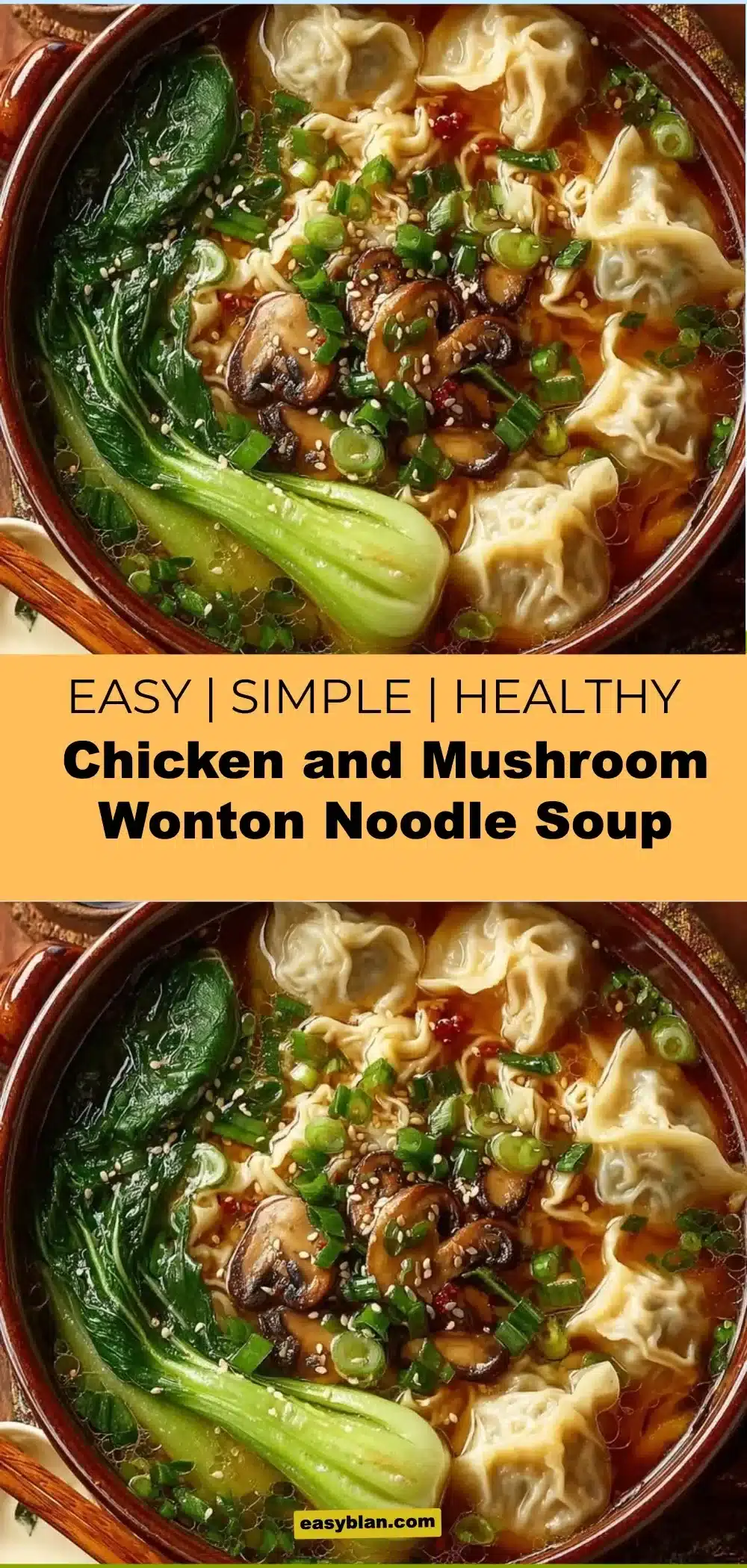 Chicken and Mushroom Wonton Noodle Soup 1 Delicious Chicken and Mushroom Wonton Noodle Soup in a bowl, garnished with herbs.