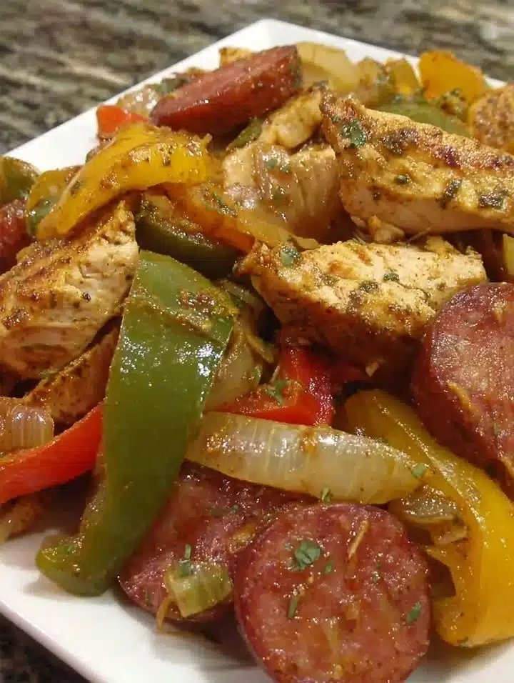 Plate of Chicken Fajitas with Sausage topped with colorful peppers and onions