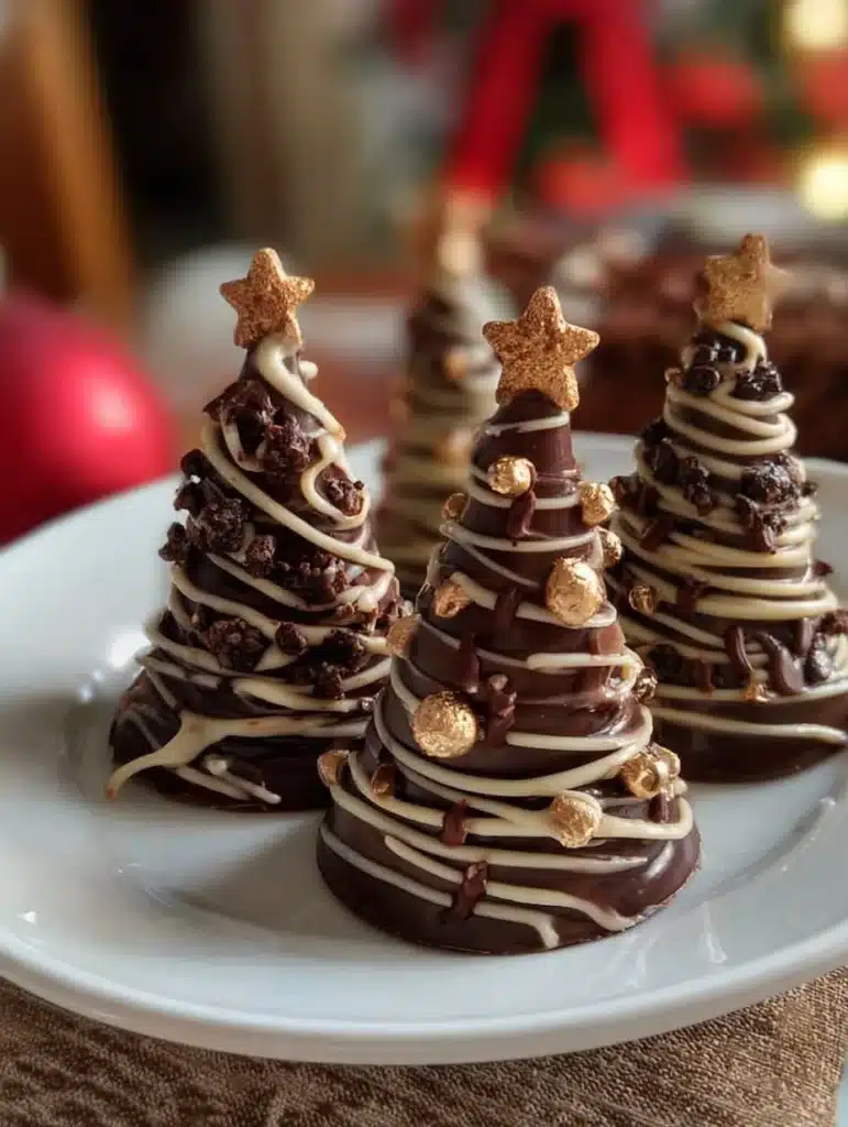 Festive Christmas chocolate trees decorated with colorful sweets