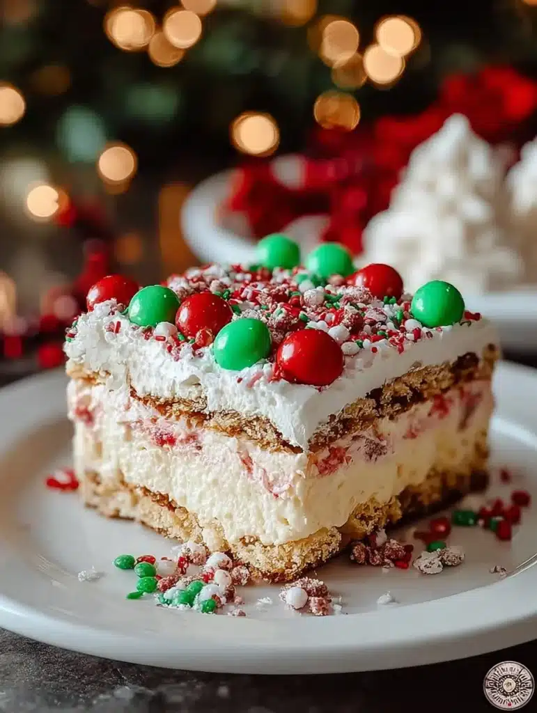Christmas Dessert Lasagna layered with chocolate and creamy filling.