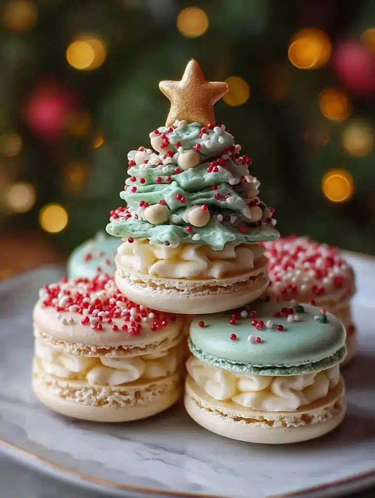 Festive Christmas Tree Cake Macarons decorated with green frosting and edible glitter.