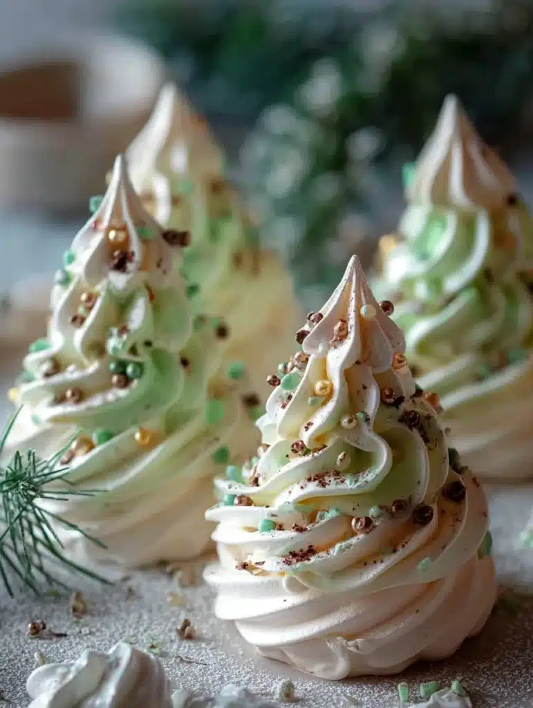 Colorful Christmas Tree Meringues decorated for holiday celebrations