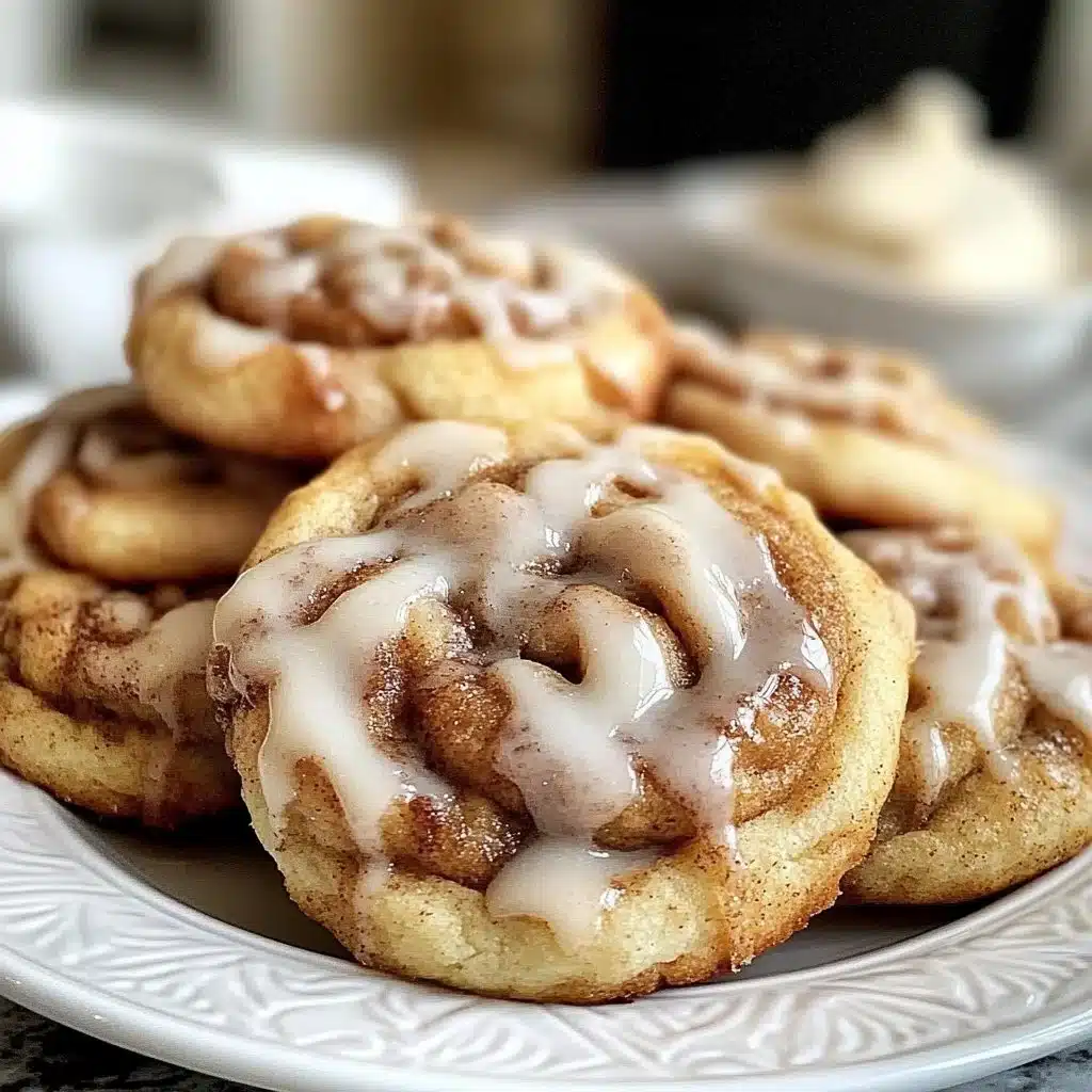 Plate of freshly baked cinnamon roll cookies with icing on top