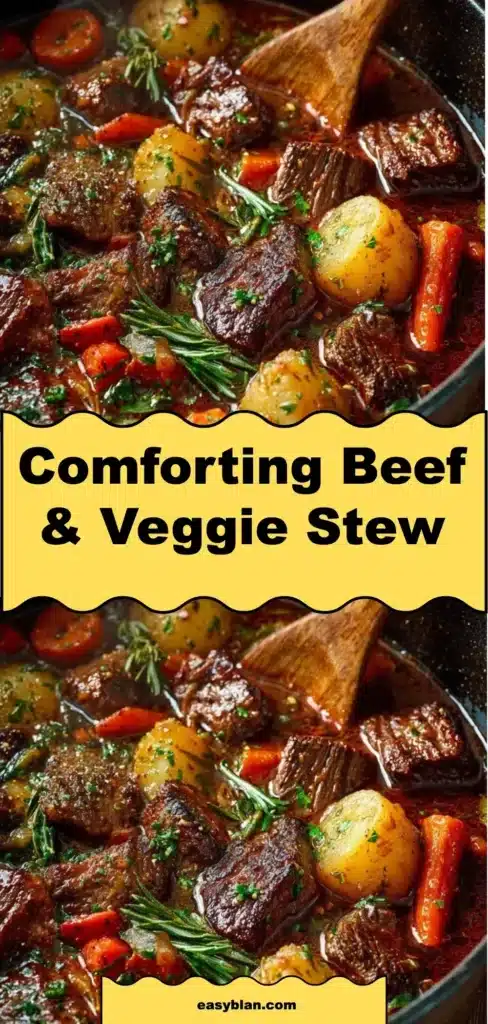 Bowl of comforting beef stew with vegetables and herbs