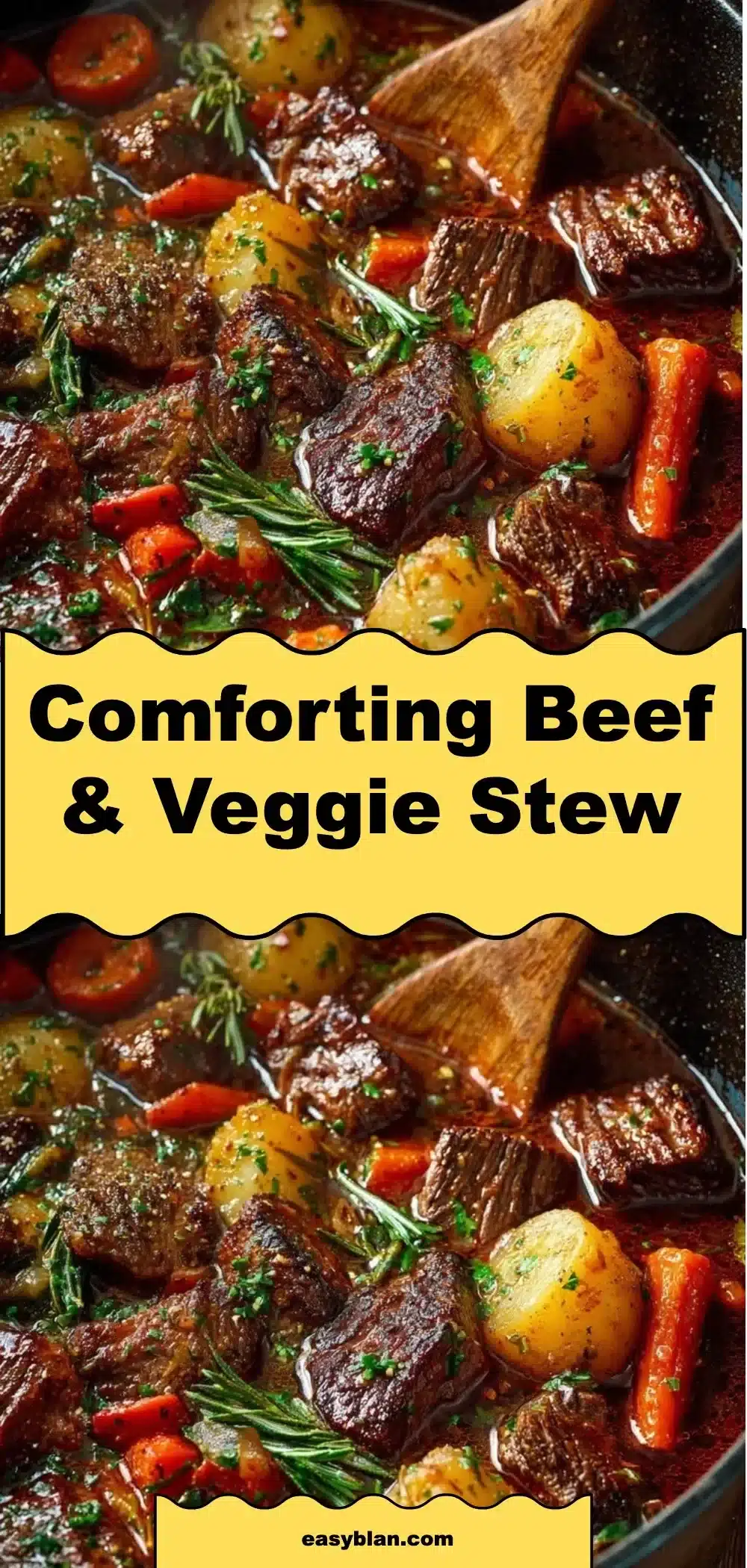 Bowl of comforting beef stew with vegetables and herbs