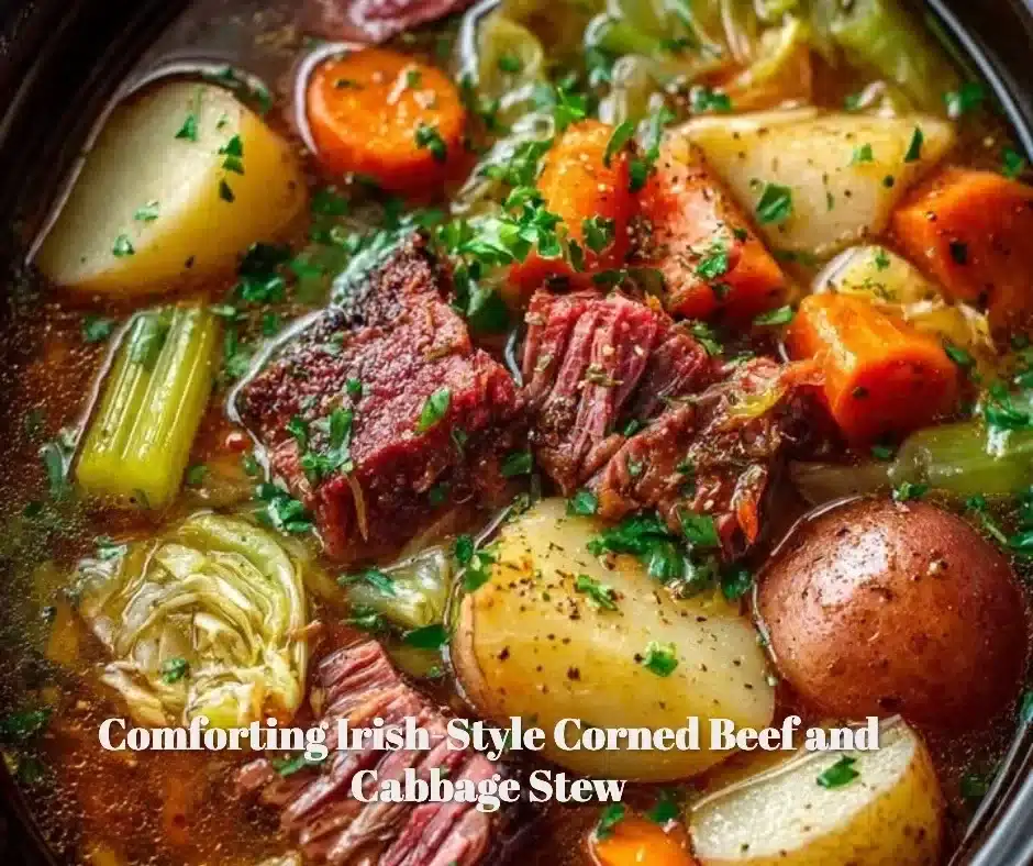 Comforting Irish-Style Corned Beef and Cabbage Stew 1 Delicious Irish-style corned beef and cabbage stew served in a bowl