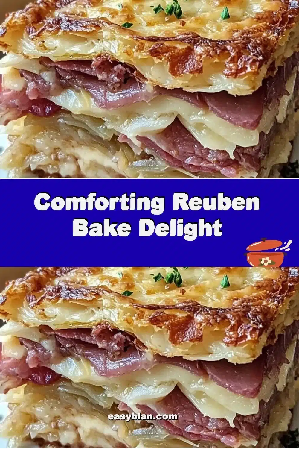 Comforting Reuben Bake Delight 1 Comforting Reuben Bake Delight dish with layers of corned beef, sauerkraut, and cheese.