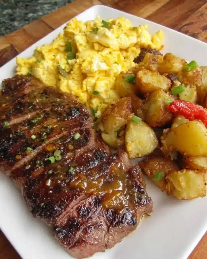 Country-Style Steak Breakfast Plate 1 Country-Style Steak Breakfast Plate with juicy steak, eggs, and garnishes