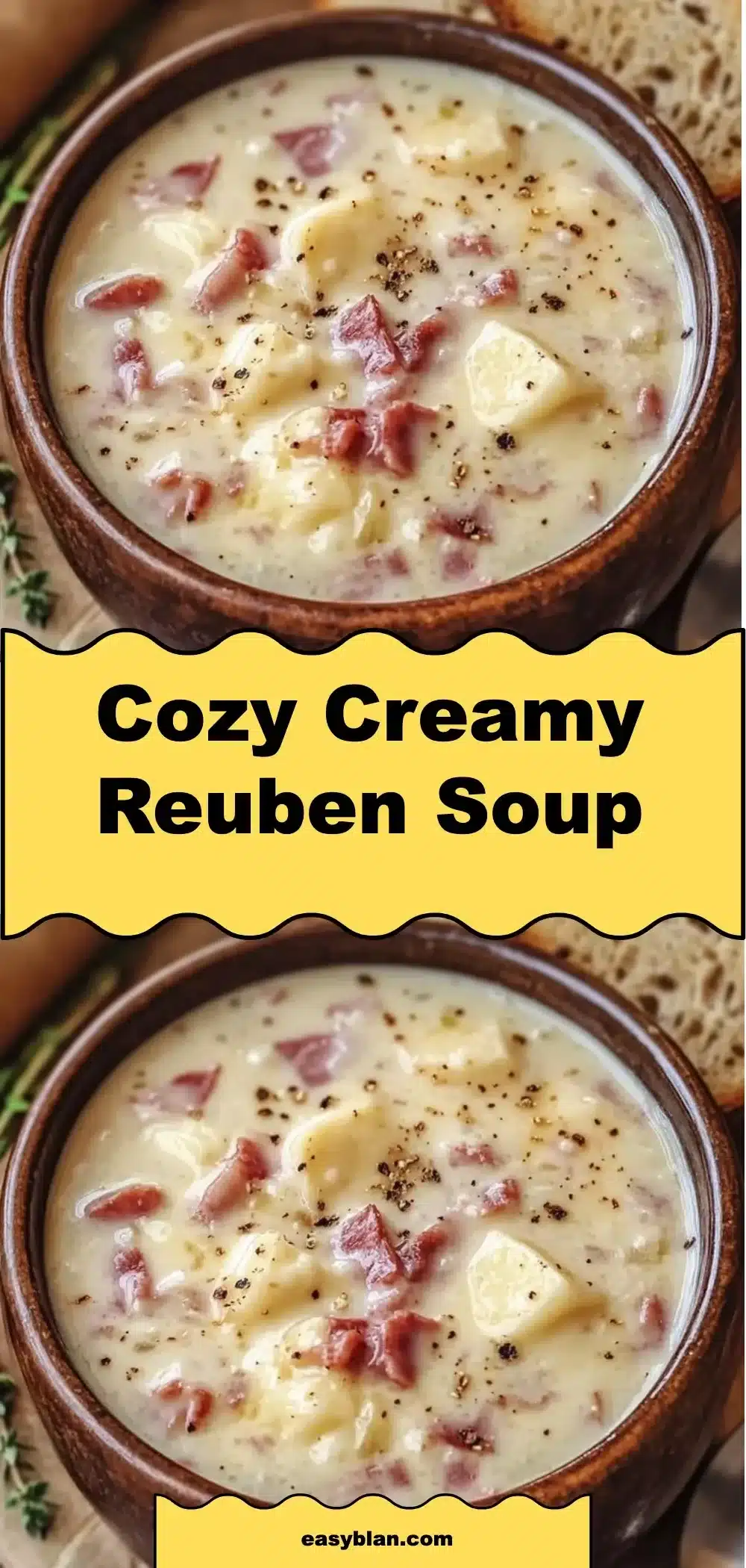 Cozy Creamy Reuben Soup 1 Delicious bowl of Cozy Creamy Reuben Soup topped with herbs