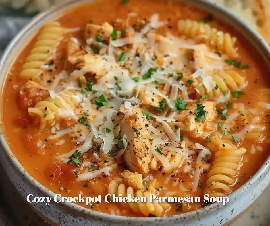 Delicious Crockpot Chicken Parmesan Soup in a bowl with cheese and herbs