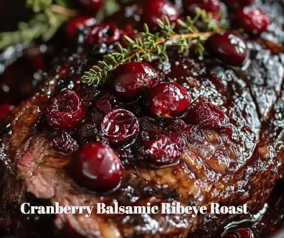 Cranberry Balsamic Ribeye Roast on a platter garnished with fresh herbs