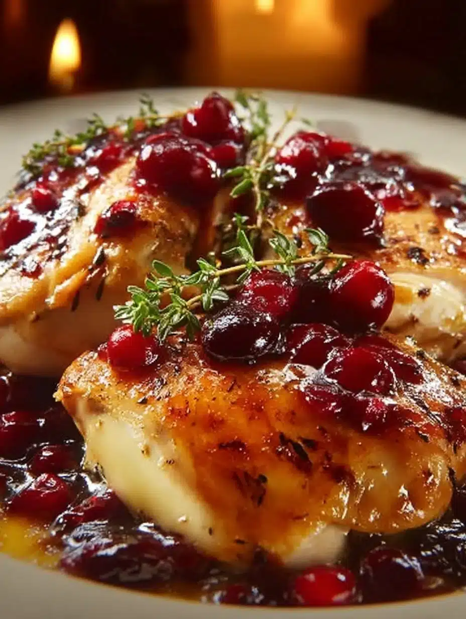 Cranberry Brie Stuffed Chicken plated with fresh herbs and cranberries
