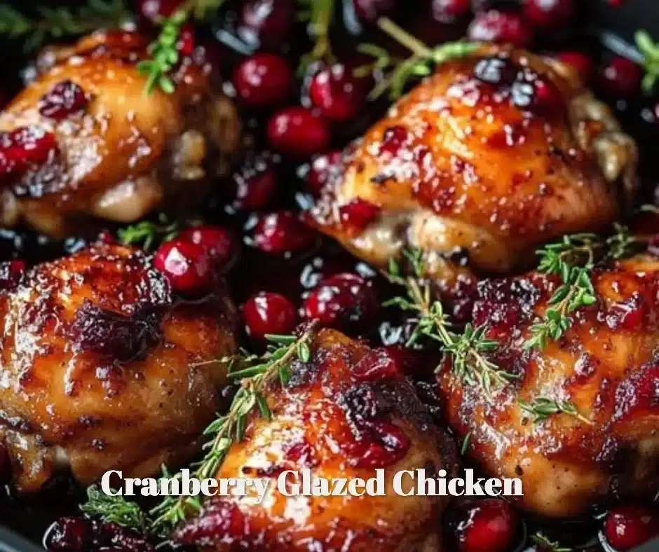 Cranberry Glazed Chicken 1 Cranberry glazed chicken served with a side of vegetables on a plate