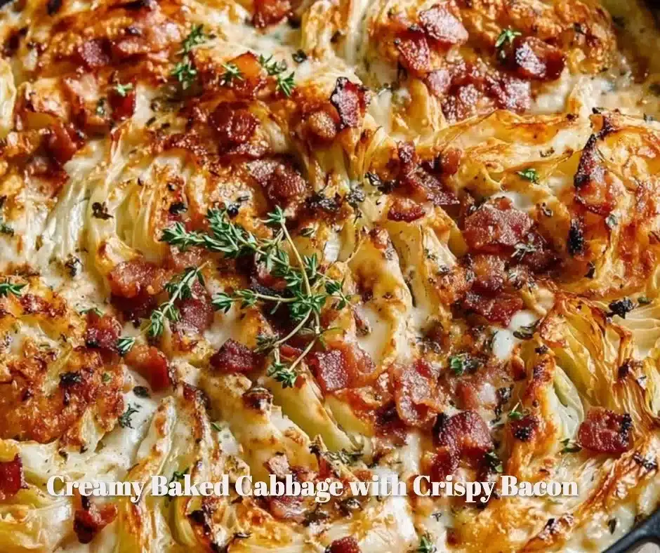 Creamy baked cabbage topped with crispy bacon on a plate