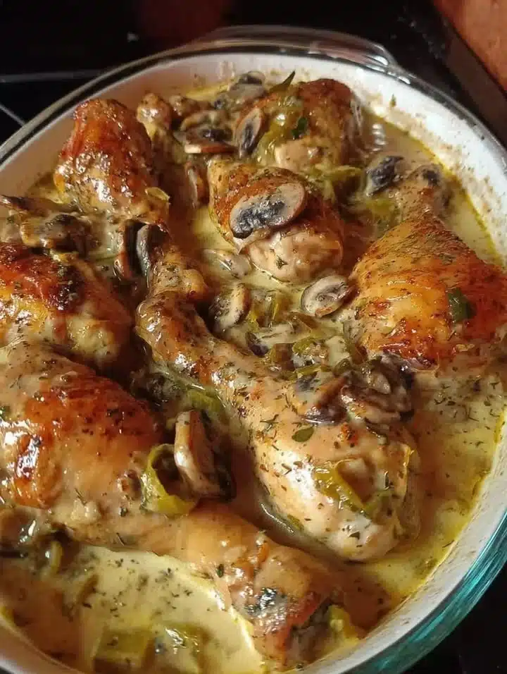 Creamy baked chicken with mushrooms and green peppers served on a plate