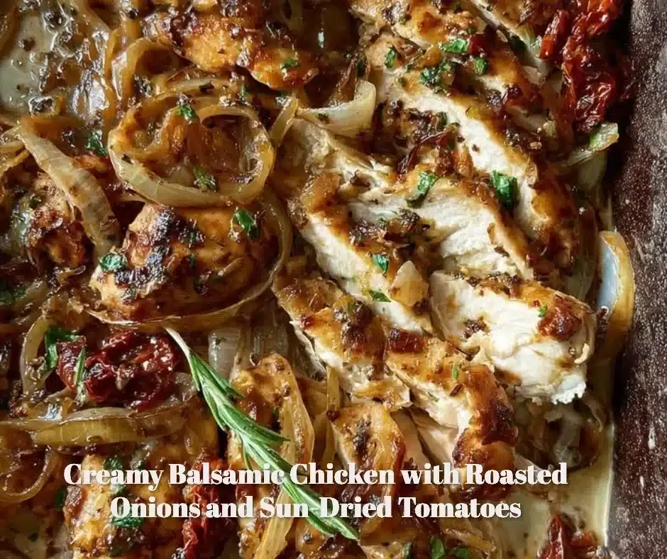 Creamy balsamic chicken dish with roasted onions and sun-dried tomatoes