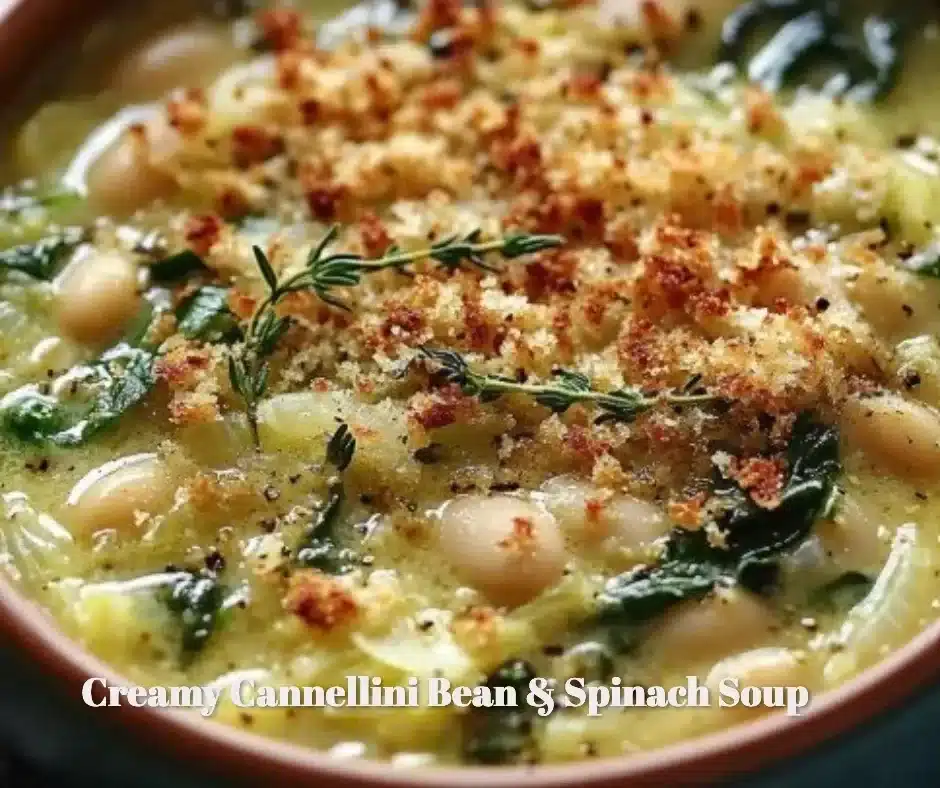 Creamy cannellini bean and spinach soup in a bowl garnished with herbs