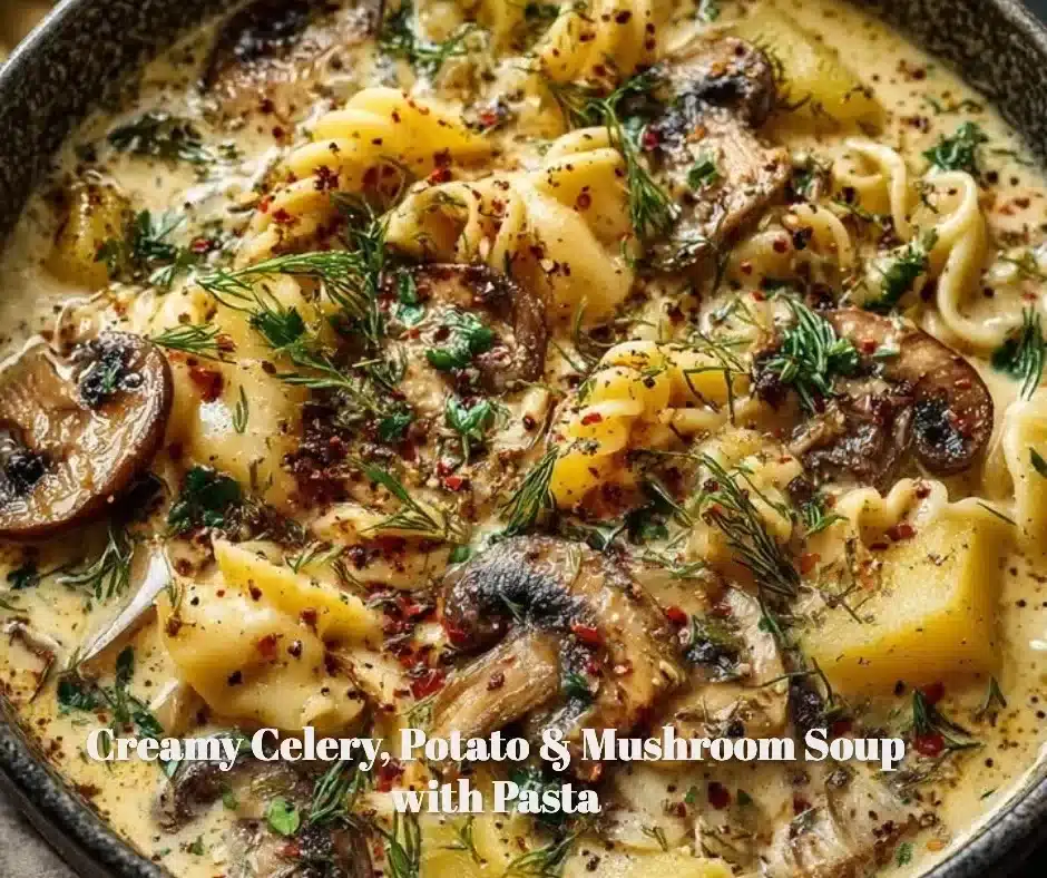 Creamy Celery, Potato & Mushroom Soup with Pasta 1 Creamy celery, potato, and mushroom soup with pasta in a bowl