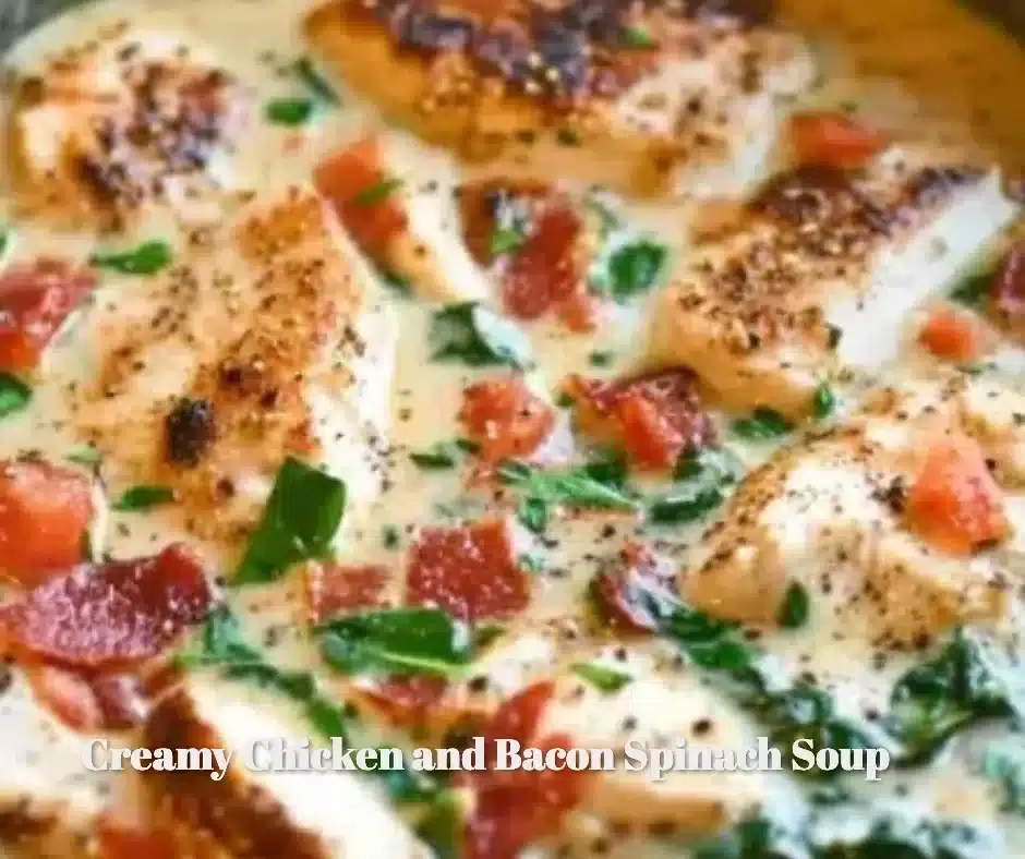 Creamy Chicken and Bacon Spinach Soup 1 Creamy chicken bacon spinach soup garnished with herbs