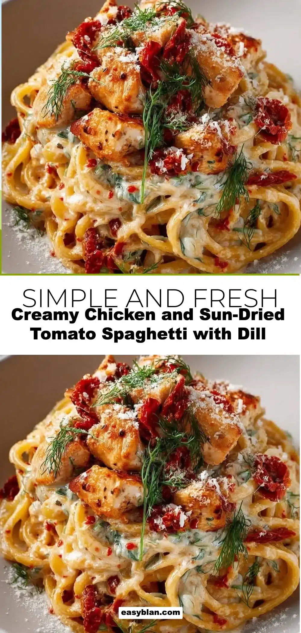Creamy Chicken and Sun-Dried Tomato Spaghetti with Dill 1 Creamy chicken spaghetti with sun-dried tomatoes and dill served in a bowl.