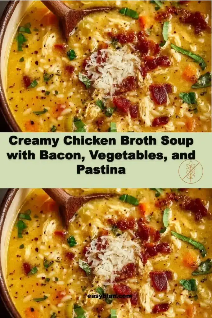 Creamy chicken broth soup with bacon, fresh vegetables, and pastina in a bowl