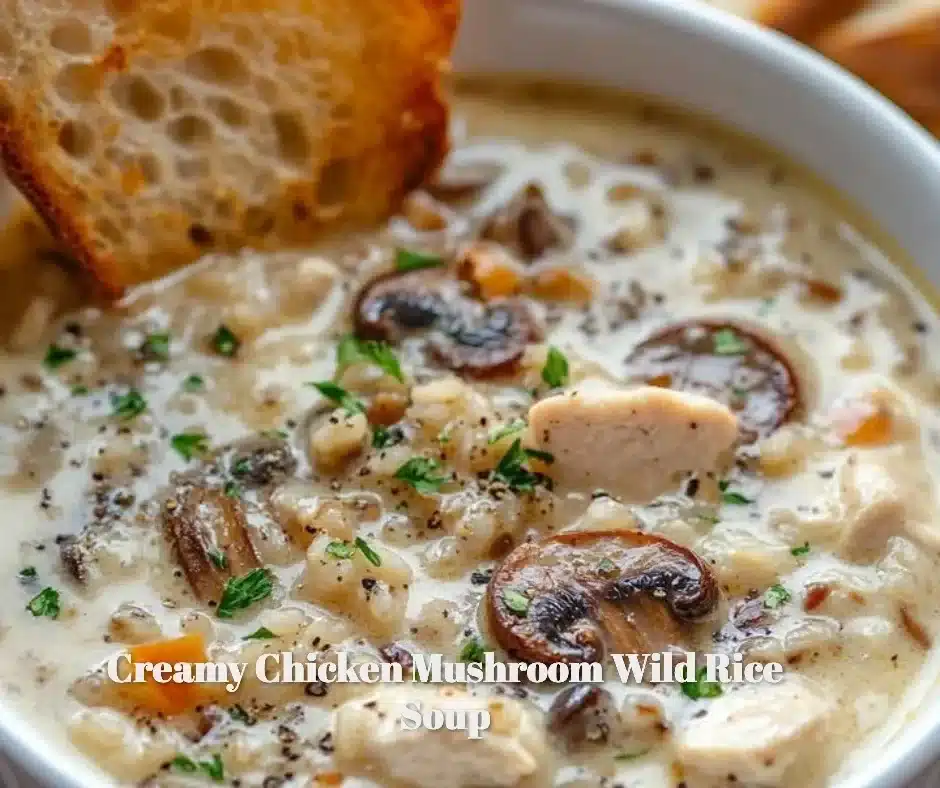 Bowl of creamy chicken mushroom wild rice soup garnished with parsley