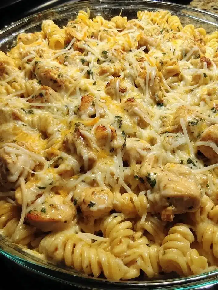 Creamy Chicken Pasta Bake 1 Creamy Chicken Pasta Bake in a casserole dish ready to serve