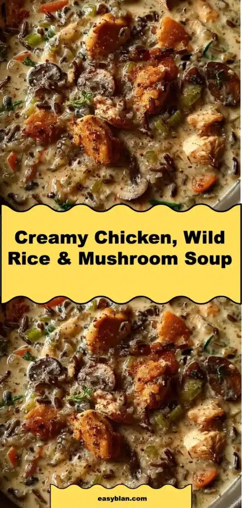 Creamy chicken soup with wild rice and mushrooms in a bowl
