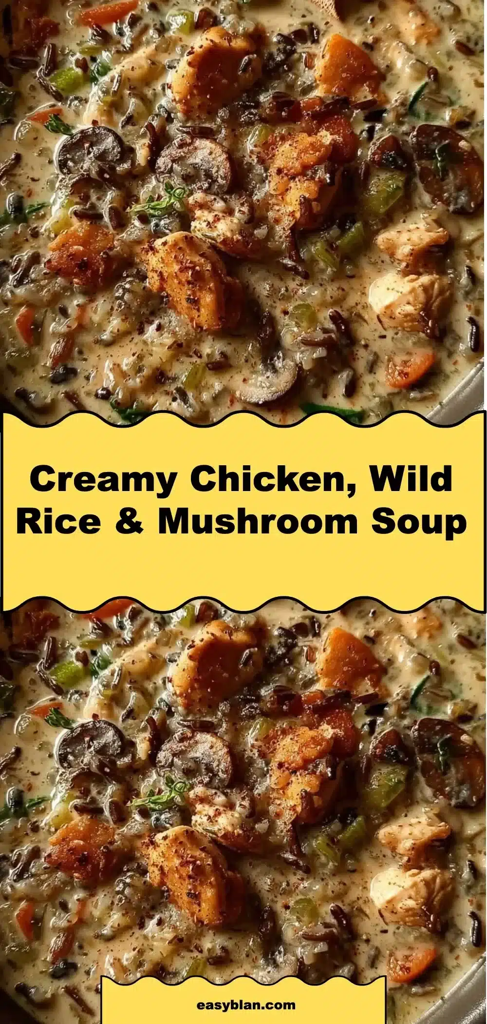 Creamy Chicken, Wild Rice & Mushroom Soup 1 Creamy chicken soup with wild rice and mushrooms in a bowl