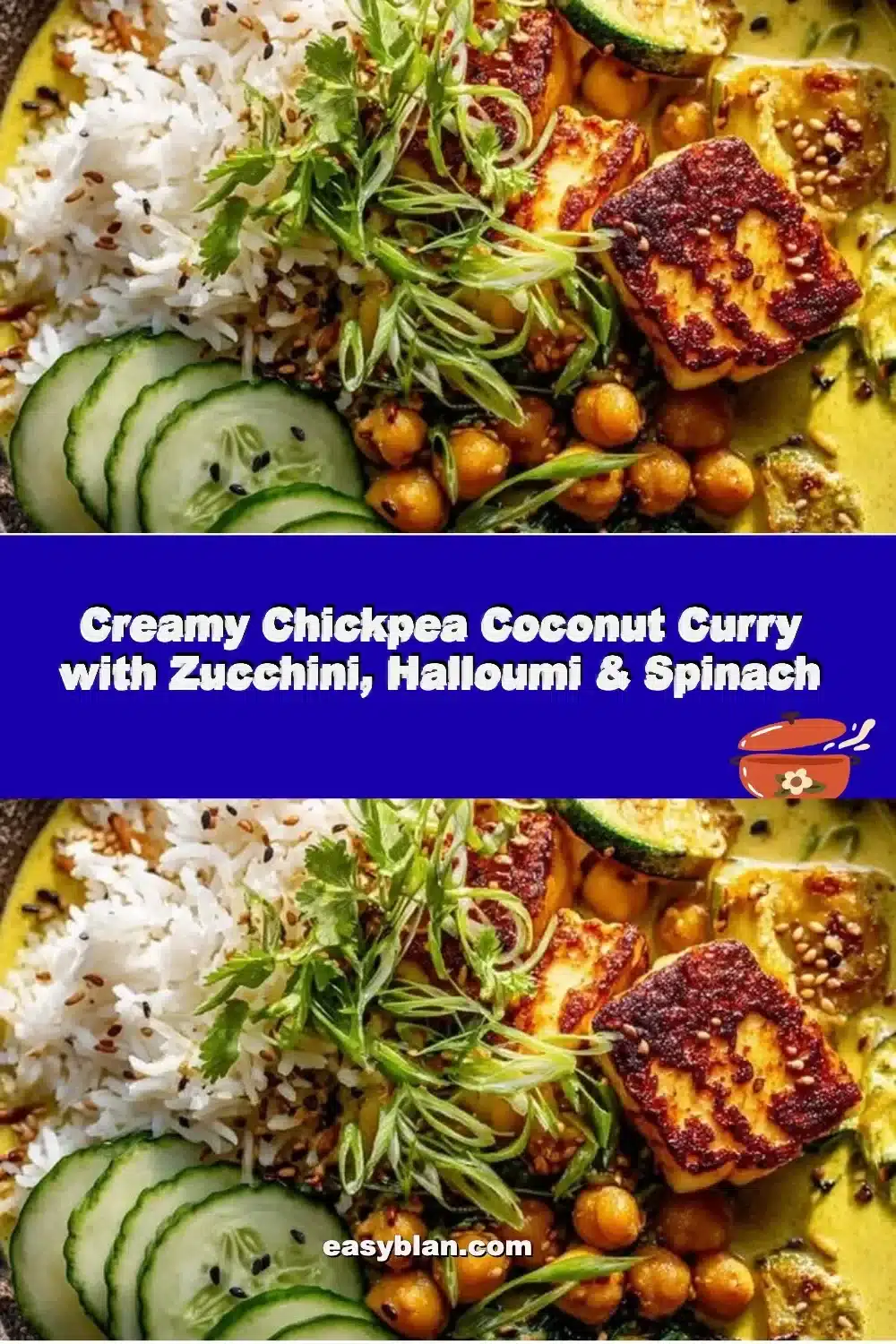Creamy Chickpea Coconut Curry with Zucchini, Halloumi & Spinach 1 Creamy chickpea coconut curry with zucchini, halloumi, and spinach in a bowl.