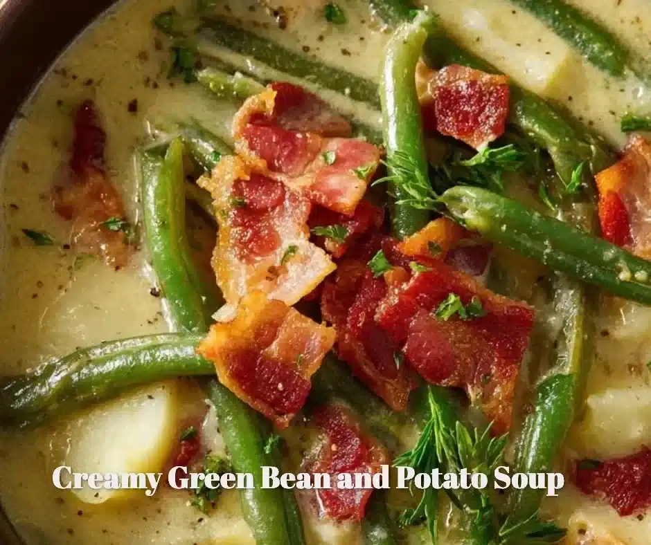 Bowl of creamy green bean and potato soup with fresh herbs