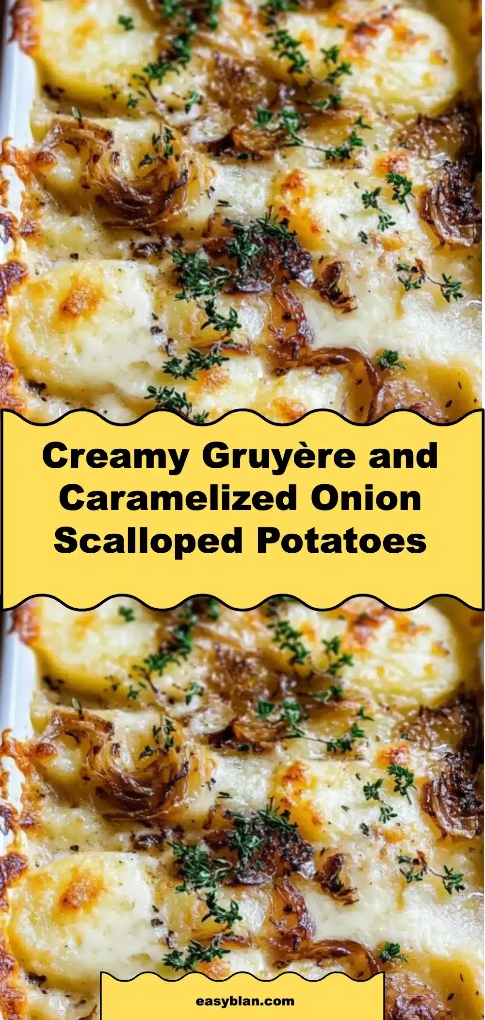 Creamy Gruyère and caramelized onion scalloped potatoes in a baking dish