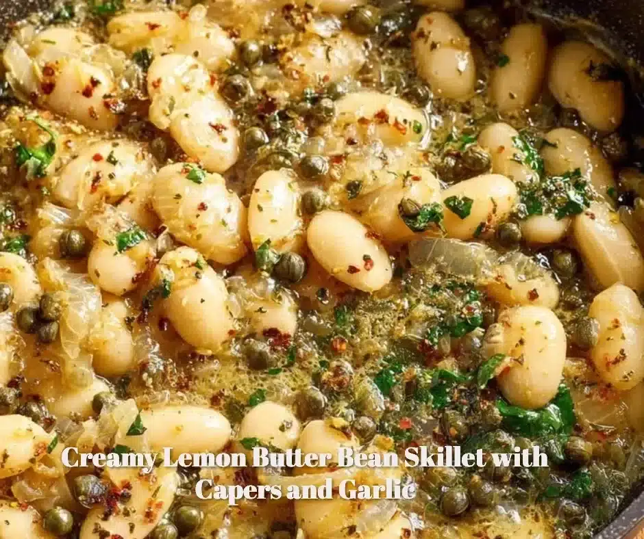 Creamy Lemon Butter Bean Skillet with Capers and Garlic 1 Creamy lemon butter bean skillet with capers and garlic in a frying pan