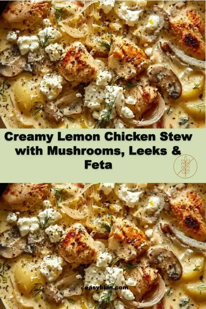 Creamy lemon chicken stew with mushrooms, leeks, and feta served in a bowl.