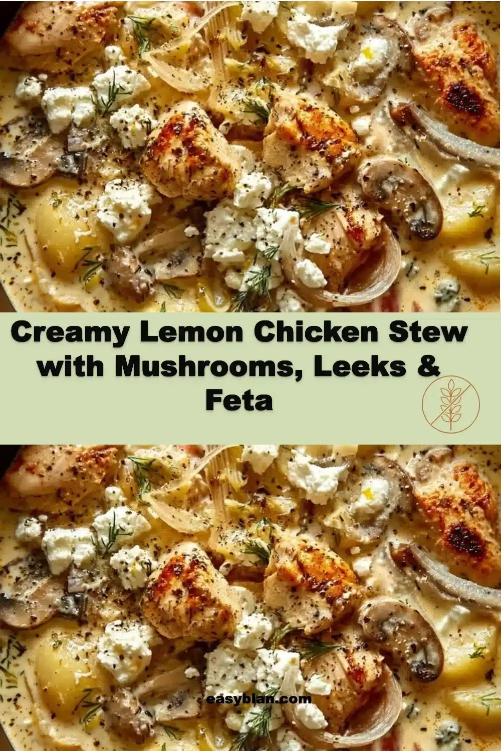Creamy Lemon Chicken Stew with Mushrooms, Leeks & Feta 1 Creamy lemon chicken stew with mushrooms, leeks, and feta served in a bowl.