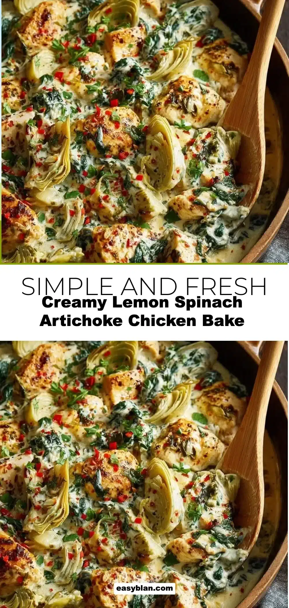 Creamy lemon spinach artichoke chicken bake garnished with herbs