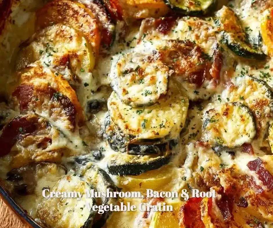 Creamy mushroom gratin with bacon and root vegetables dish