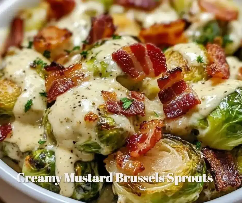 Creamy Mustard Brussels Sprouts 1 Creamy mustard Brussels sprouts served in a bowl, garnished with herbs.