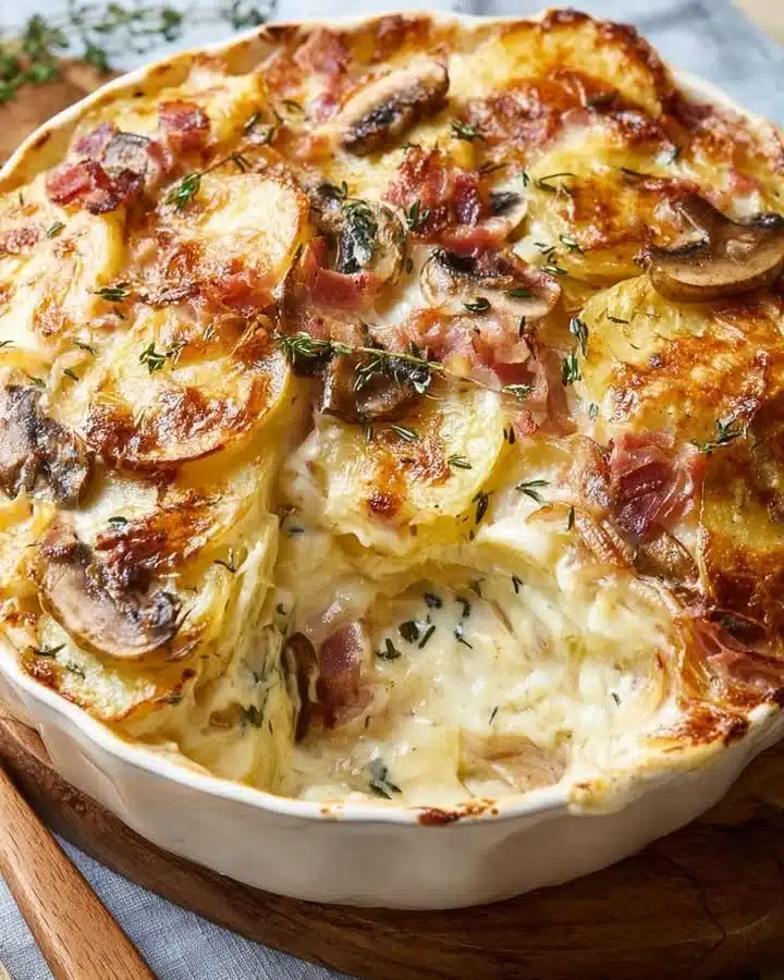 Creamy potato bake with mushrooms, brie, and caramelized onions.