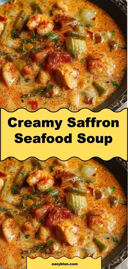Delicious creamy saffron seafood soup topped with fresh seafood and herbs.